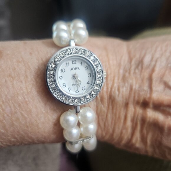 Boer Double Strand Cream Glass Pearl Bead Silver Tone Quartz Watch - Picture 5 of 8